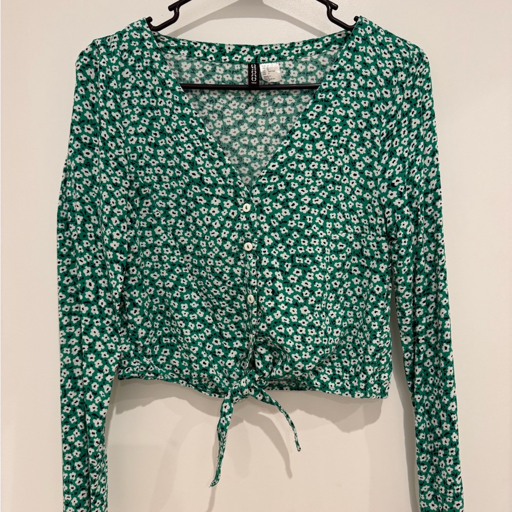 Green Floral Button Up Top